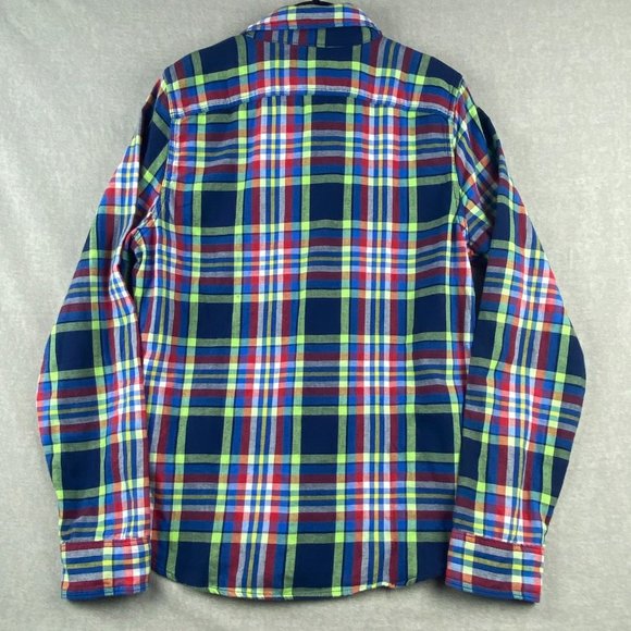 Abercrombie & Fitch Shirt Mens Medium Muscle Flannel Blue Green Plaid Button Up - Picture 2 of 13